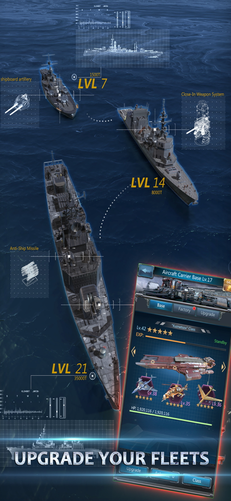 A strategic game screen showing naval fleet upgrades and warship levels