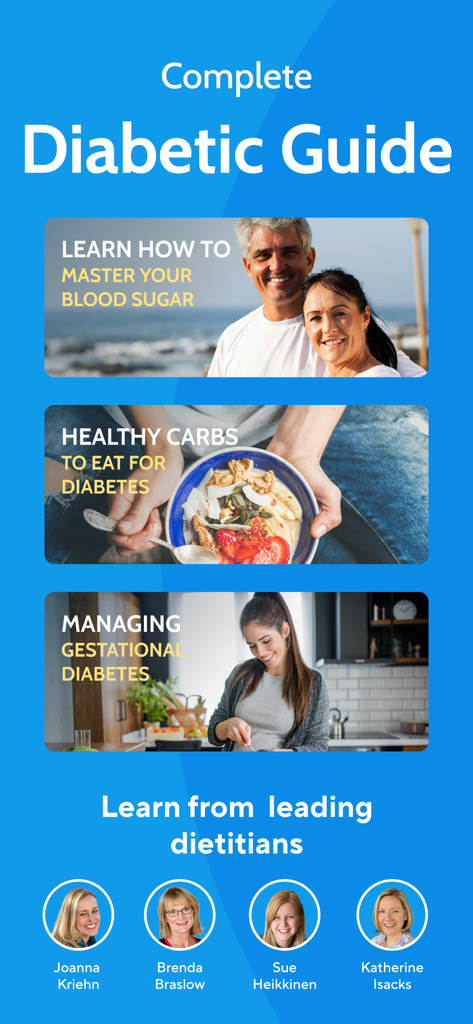 Diabetes Tracker by MyNetDiary - Guía completa para diabéticos en la aplicación MyNetDiary que muestra consejos de control de azúcar en sangre y perfiles de dietistas expertos