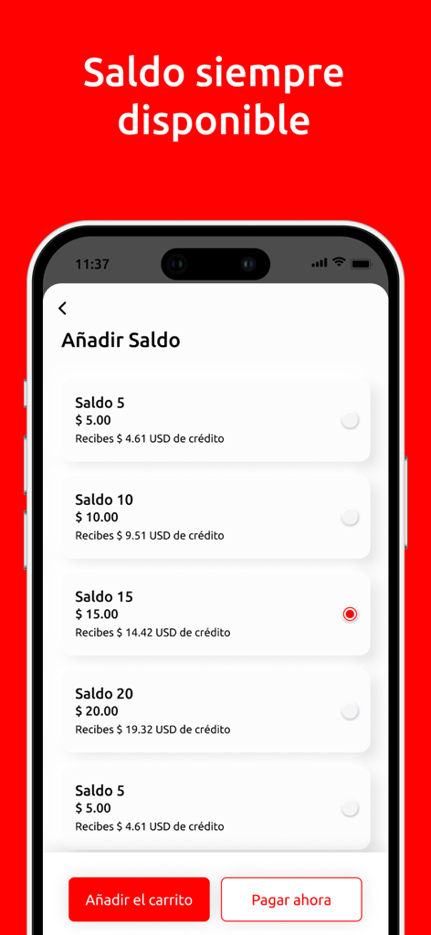 Pantalla de opciones de recarga de saldo en la aplicación móvil Recargas aCuba en dólares estadounidenses