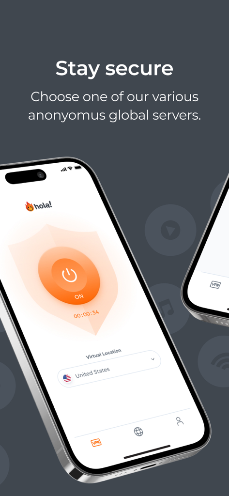 Hola VPN Privacy & Security - Hola VPN app on iPhone showing a secure connection with US virtual location