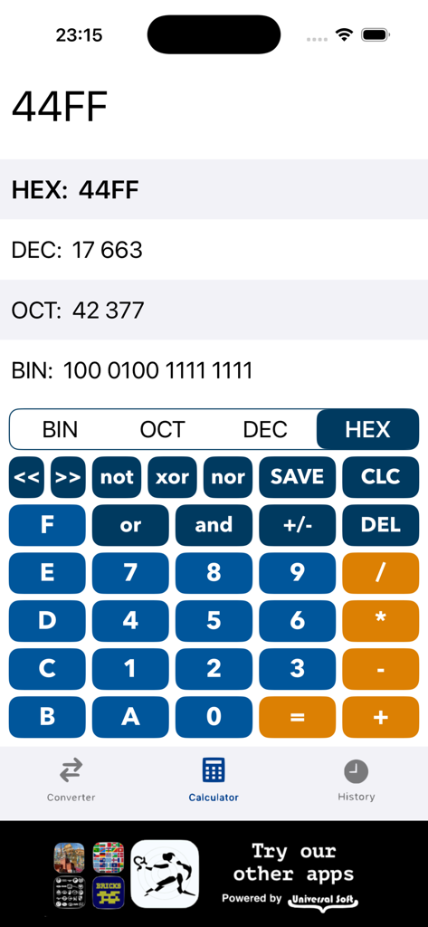 Calculator interface showing conversions between hexadecimal decimal and binary systems