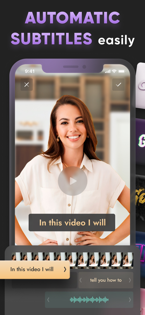 Subtitles: Captions For Video - A smartphone display showing a video creator using the app to generate automatic subtitles