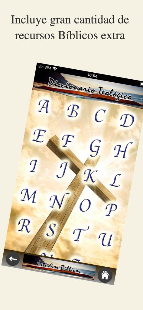 Estudios Bíblicos Evangélicos - Pantalla del diccionario teológico con letras alfabéticas y un fondo de cruz de madera.