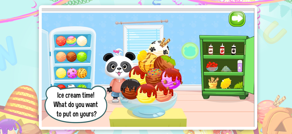 Lola's ABC Party - Reading fun - Lola Panda in a kitchen preparing a bowl of colorful ice cream with various toppings