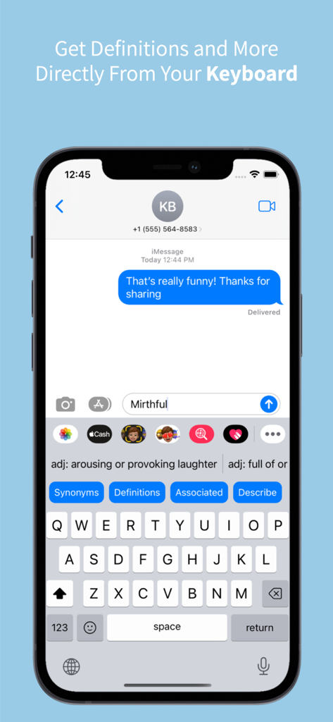 OneLook Thesaurus custom keyboard showing word definitions and synonyms within an iMessage chat