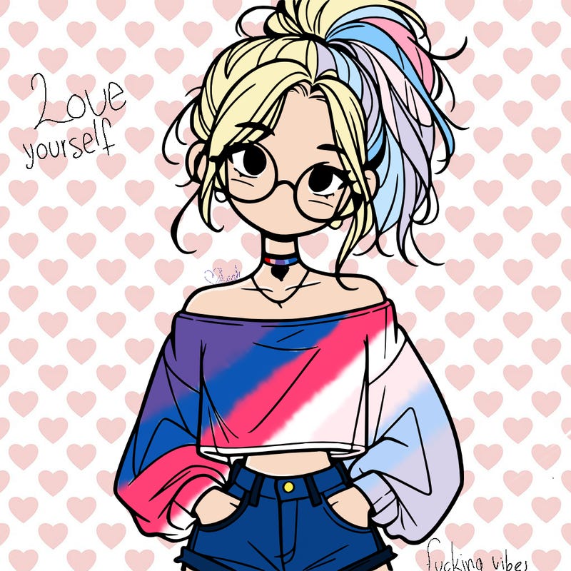 girl with a messy ponytail glasses a baggy crop top and jean shorts