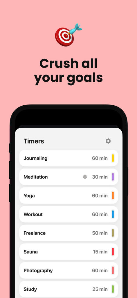 Emphasis: Flow & Focus Timer - Emphasis app interface showing a list of custom timers for productivity and wellness activities like meditation and yoga