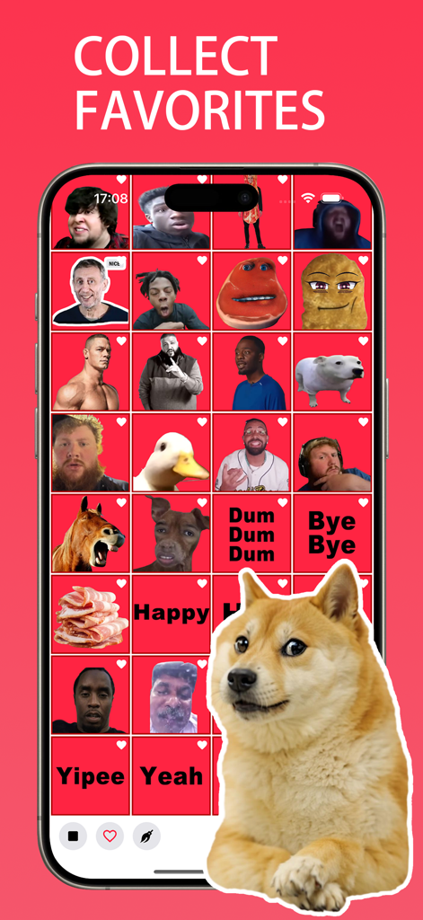 A mobile app screen for a meme soundboard showing a grid of favorited viral internet memes and sounds