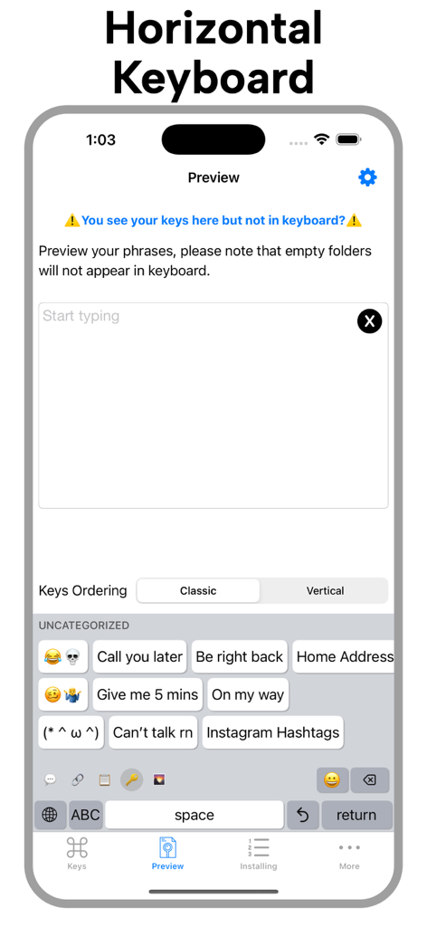 LazyBoard: Phrase Keyboard - A preview of the LazyBoard phrase keyboard showing customizable horizontal text shortcuts for quick messaging.