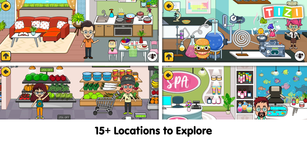 Tizi Town - My World - Vier verschiedene Szenen aus Tizi Town, die eine Küche, ein Labor, einen Supermarkt und ein Spa zeigen.