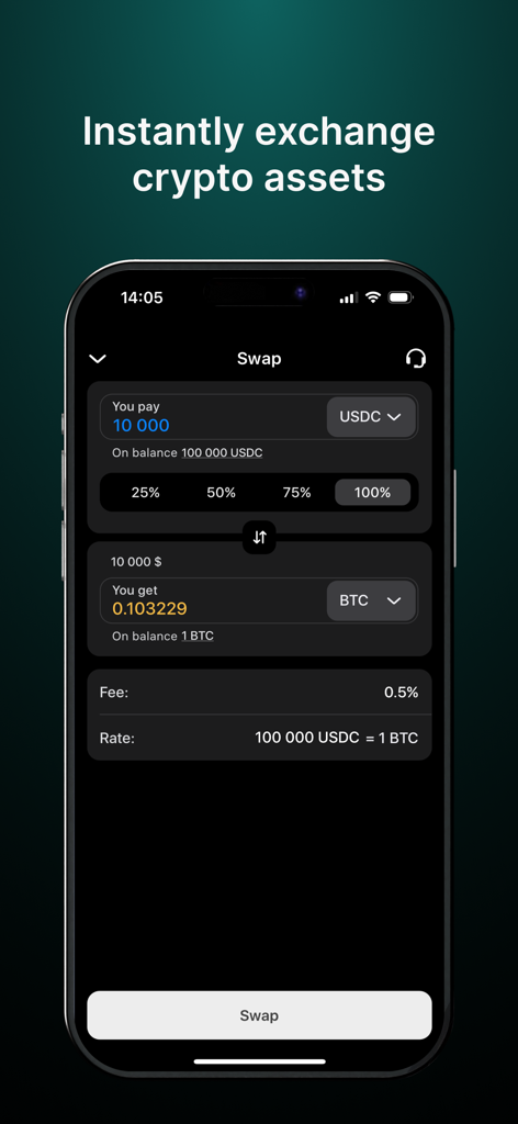 Trustee Plus | Wallet & Card - Trustee Plus app screen showing instant cryptocurrency swap from USDC to Bitcoin