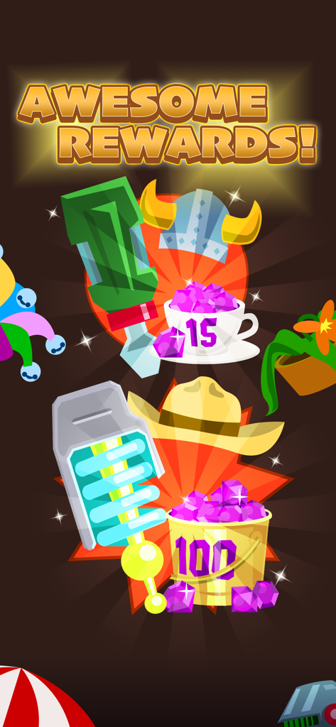 Gold Digger FRVR - Deep Mining - Pantalla del juego que muestra increíbles recompensas que incluyen gemas moradas, un sombrero de vaquero y un casco de minero en Gold Digger FRVR.