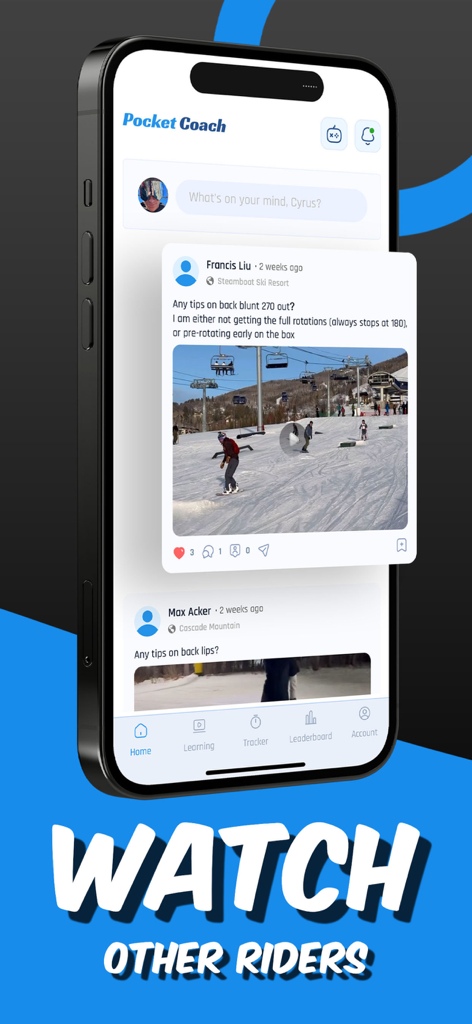 PocketCoach Snowboard - PocketCoach Snowboard app community feed where users watch other riders and share trick tips