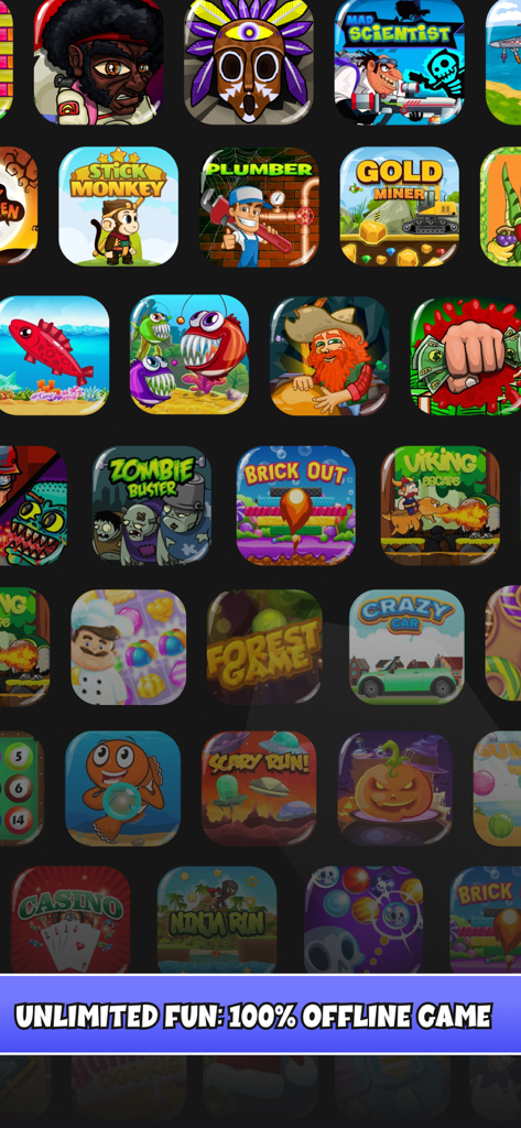 다양한 퍼즐 및 아케이드 게임과 같은 여러 장르를 특징으로 하는 PogoPlay 앱의 다채로운 미니 게임 아이콘 모음