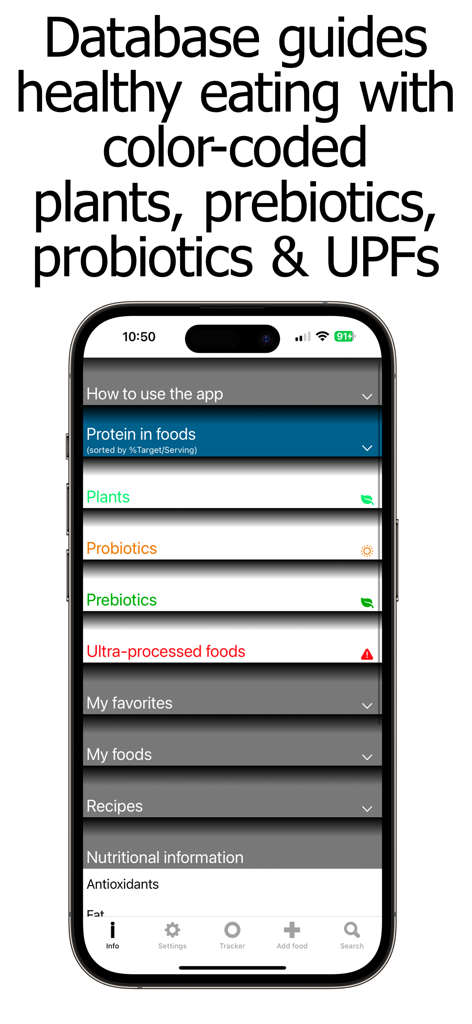 Protein Counter and Tracker - Schnittstelle der Protein-Zähler-App, die farbcodierte Abschnitte für Pflanzen, Probiotika, Präbiotika und ultraverarbeitete Lebensmittel anzeigt