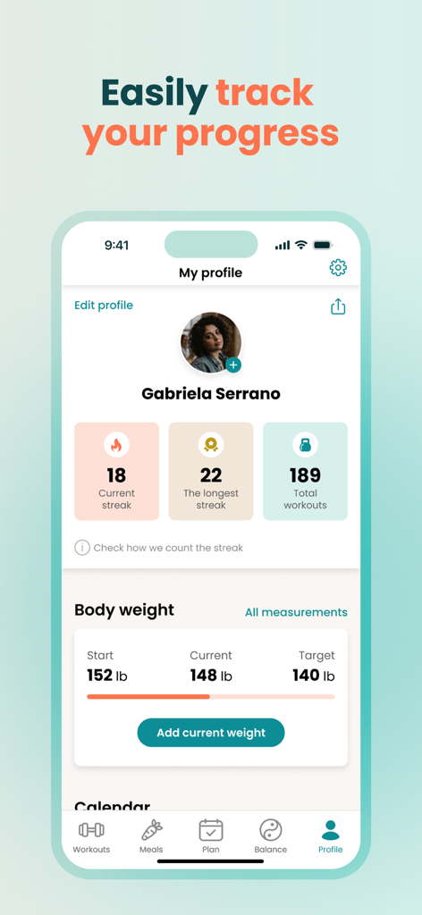 Raize: fitness & workout plans - User profile dashboard in the Raize app showing workout streaks total workouts and body weight progress tracking