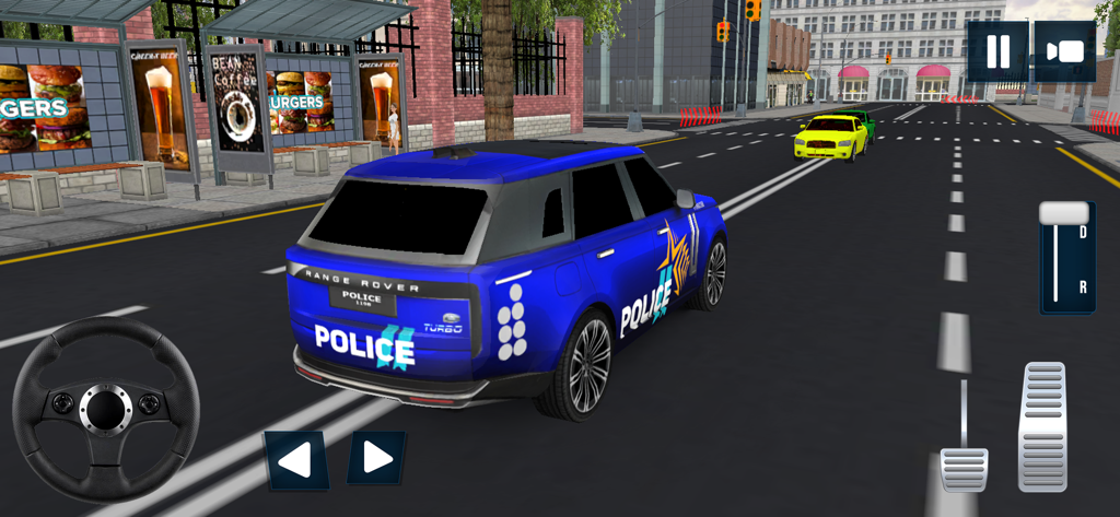 City Police Simulator: Cop Car - Un SUV de policía azul conduciendo por una calle de la ciudad con controles de juego móvil en la pantalla