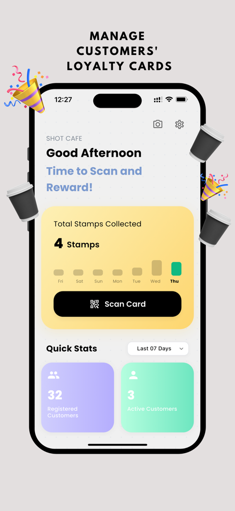 Beloyal Händler-App-Dashboard mit Kundenstatistiken und Schaltfläche zum Scannen der Karte