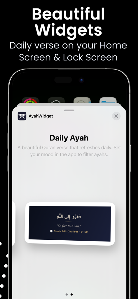 Ayah Widget - Écran de l'iPhone montrant l'aperçu du verset quotidien Ayah Widget avec calligraphie arabe et traduction anglaise