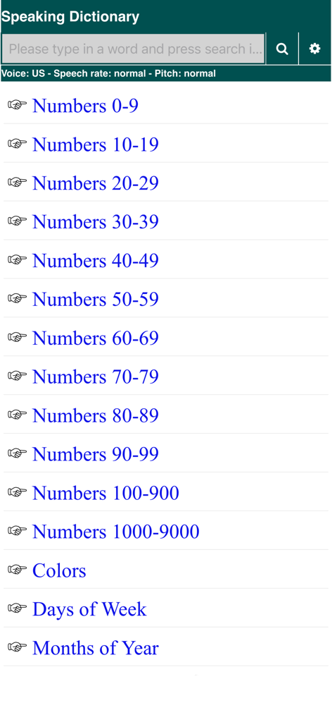 Speaking Dictionary - Interface of the Speaking Dictionary app showing a list of basic vocabulary categories like numbers colors days of the week and months