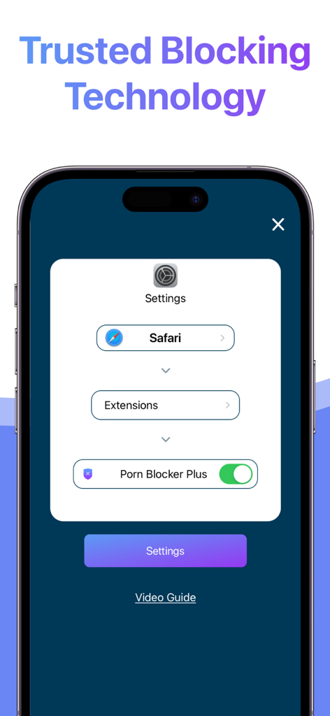 Porn Blocker Plus - for Safari - Tela de configurações do iOS mostrando o processo passo a passo para habilitar a extensão Porn Blocker Plus para Safari