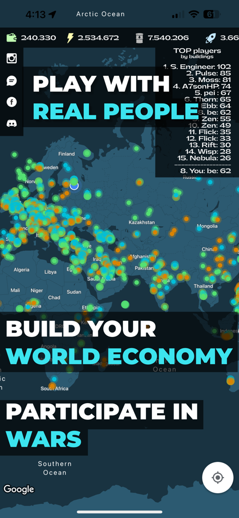 Eine globale Kartenansicht des Spiels Real World Map War Strategy, die Multiplayer-Aktivitäten und die Ranglisten der Top-Spieler zeigt.