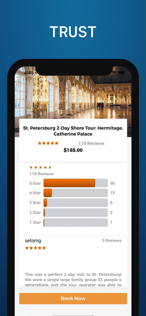 Schermata di prenotazione per un tour via mare di due giorni a San Pietroburgo con recensioni e valutazioni degli utenti