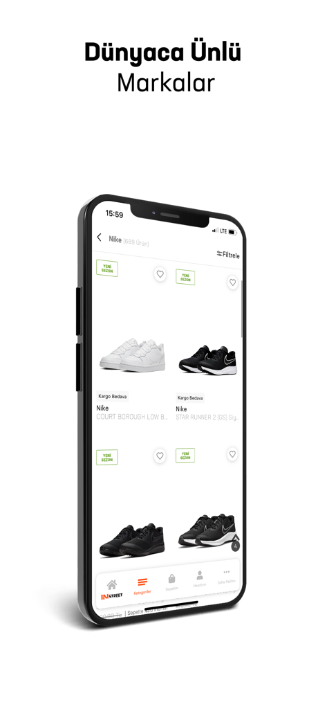 Instreet - Instreetモバイルショッピングアプリのインターフェース。ナイキのスニーカーを表示し、新シーズンと送料無料のラベル付き。