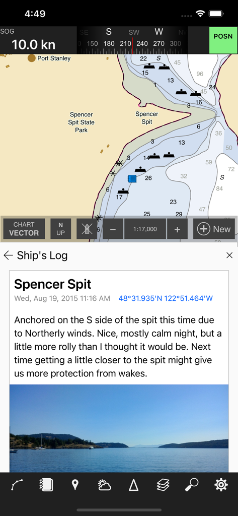 Coastal Explorer - Coastal Explorer app showing a nautical chart and ships log entry