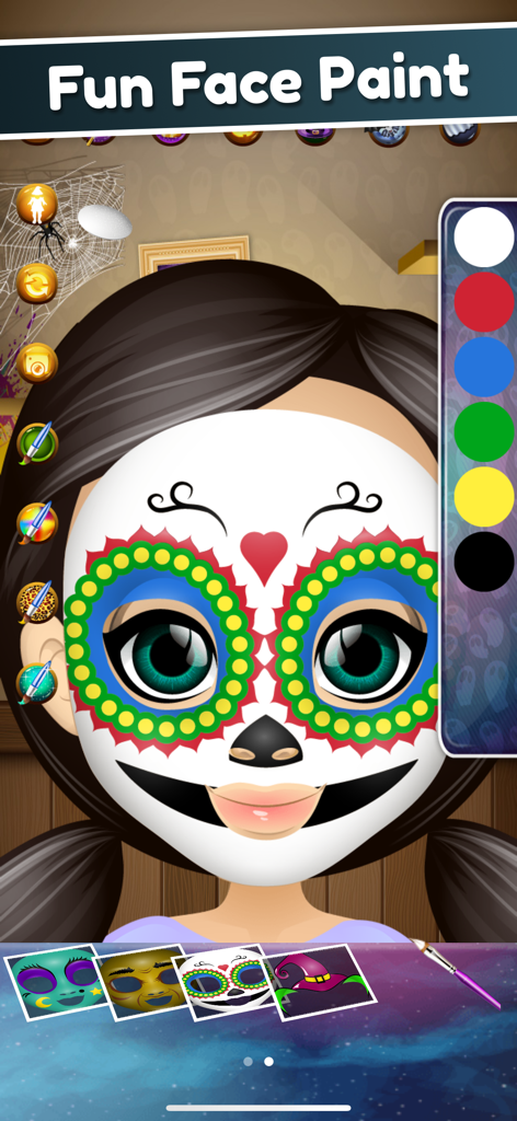 Halloween Face Paint Salon - デジタルサロンゲームで、カラフルなシュガースカルのフェイスペイントデザインをした子供キャラクター