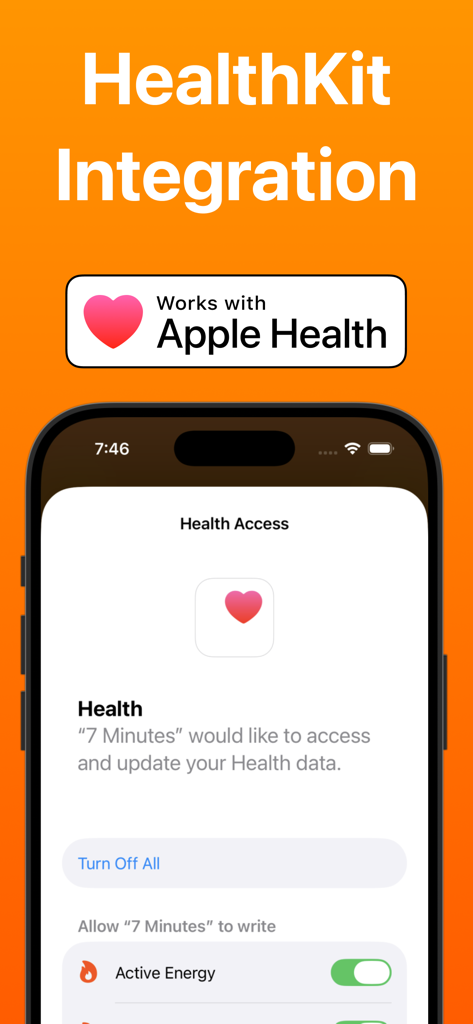 7 Minute Workout - Screenshot of the 7 Minute Workout app showing Apple Health and HealthKit integration settings on an iPhone
