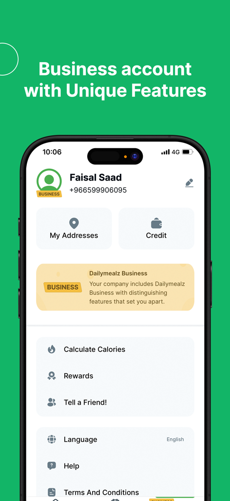 DailyMealz: Food Subscription - DailyMealz app screen displaying a business account profile with corporate food subscription features