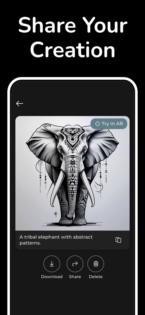 Tattoo AI - Design & Generator - Interfaz de la aplicación móvil que muestra un diseño de tatuaje de elefante tribal generado por IA con opciones para compartir y descargar