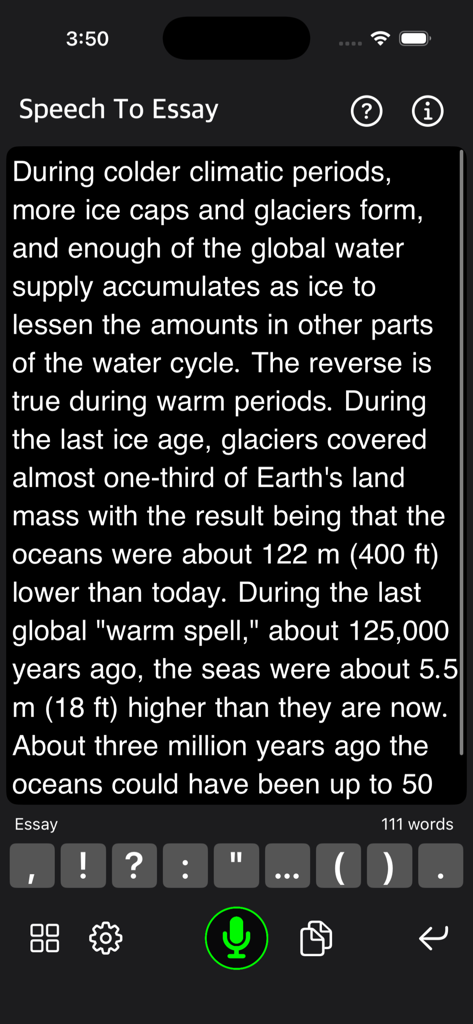 Speech To Essay app interface showing dictated text with punctuation hotkeys and word count