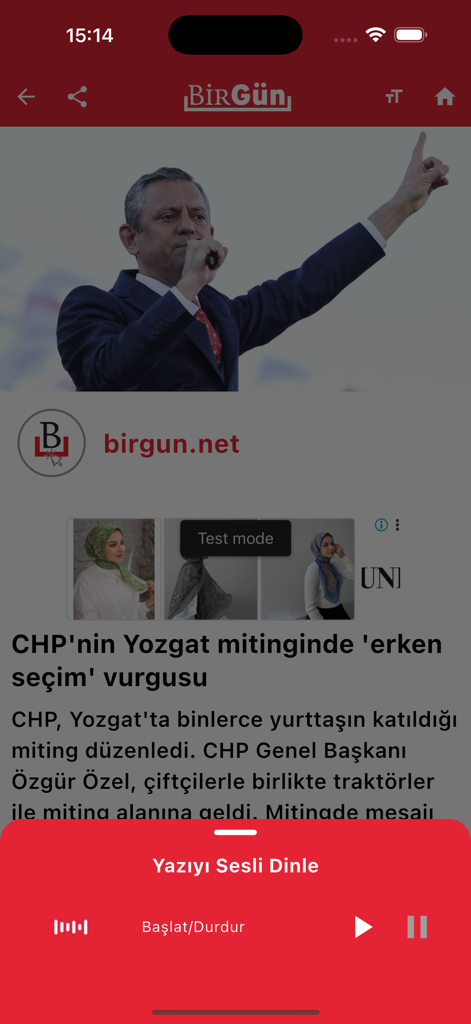 Birgün Gazetesi - テキストを聞くためのオーディオプレーヤーとニュース記事が表示されているBirgun Gazetesiアプリのインターフェイス