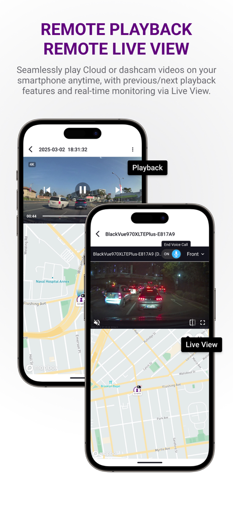 FLEETA App zeigt Fern-Live-Ansicht und Videowiedergabefunktionen auf zwei iPhones