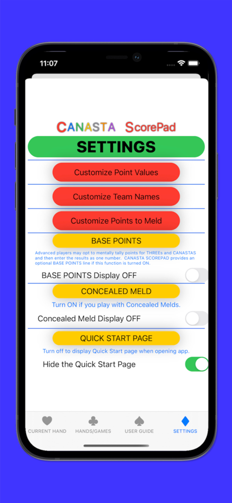 Canasta ScorePad - The settings menu of the Canasta ScorePad app showing customization options for point values team names and game rules.