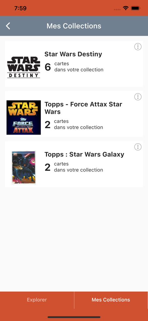 COLEKA - Interface do aplicativo COLEKA exibindo as coleções de cartas colecionáveis Star Wars Destiny e Topps de um usuário com contagem de itens.