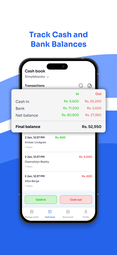 Interfaz de la aplicación móvil Shopbook que muestra el seguimiento del saldo de efectivo y bancario para pequeñas empresas