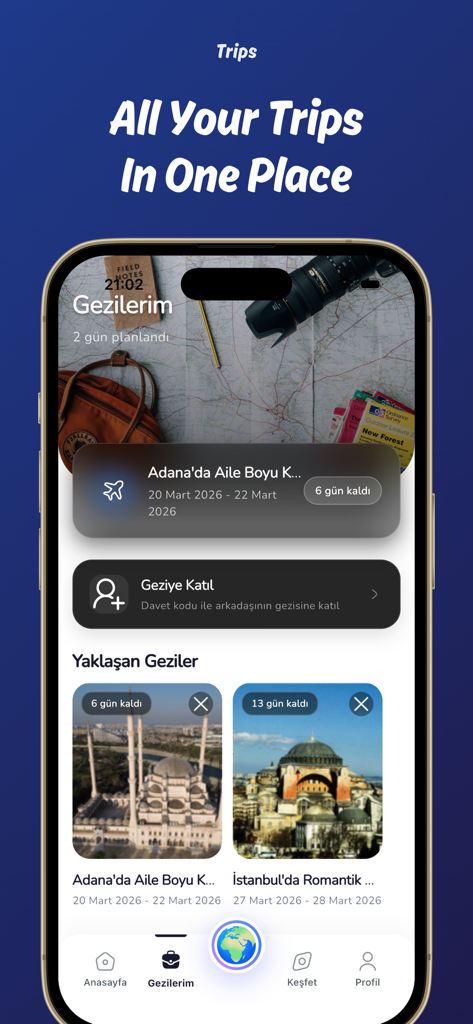 Next Trip: AI Trip Planner - Pantalla de la aplicación Next Trip mostrando múltiples itinerarios de viaje organizados en un solo lugar con fotos de destinos