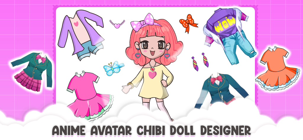 Anime Chibi Dolls Girl Games - Pantalla de diseñador de muñeca chibi de anime con varios atuendos y accesorios.