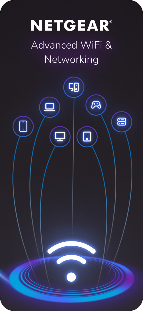 NETGEAR Nighthawk app splash screen featuring advanced WiFi and networking with multiple connected device icons