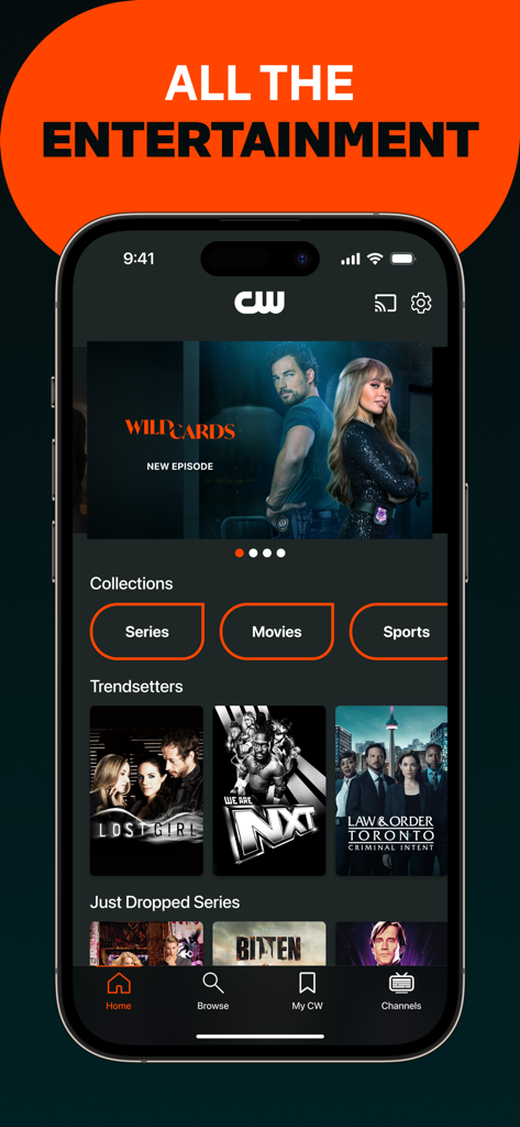 The CW - Interfaz de la aplicación The CW en un smartphone que muestra contenido destacado como Wild Cards y Law and Order Toronto con categorías para series, películas y deportes.