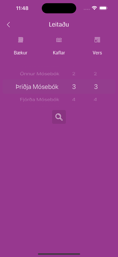 A search interface in the Icelandic Bible app showing selectors for books chapters and verses on a purple background