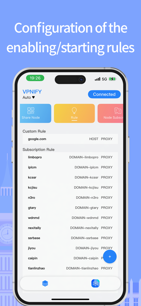 VPN FIy - 도메인 프록시 설정을 관리하기 위한 VPN Fly 앱의 고급 네트워크 규칙 구성 화면