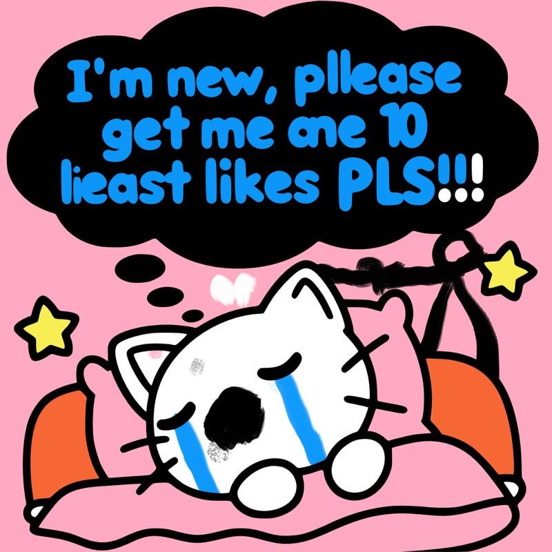 kitty taking a nap dream talking and saying "i'm new, please get me at least 10 likes pls!!"