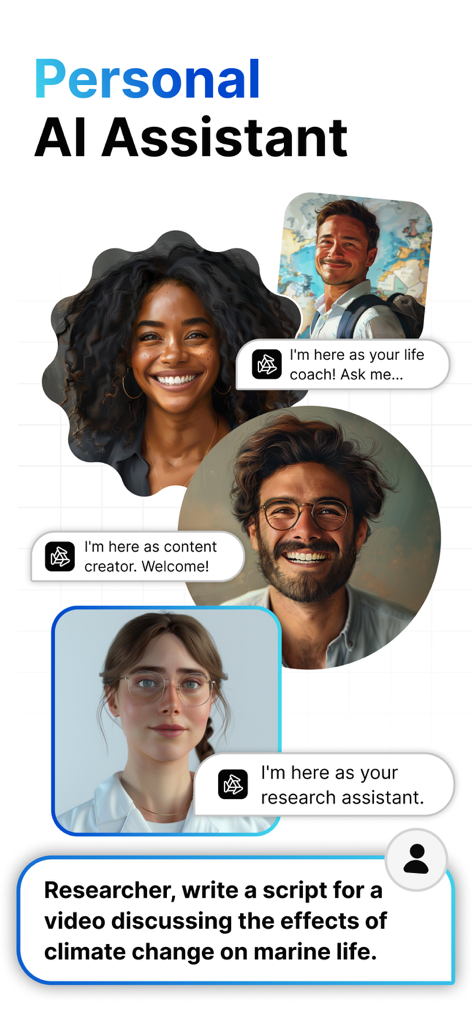 AI Chatbot Assistant - Chat - AI Chatbot Assistant interface showcasing diverse AI personas for research, coaching, and content creation tasks