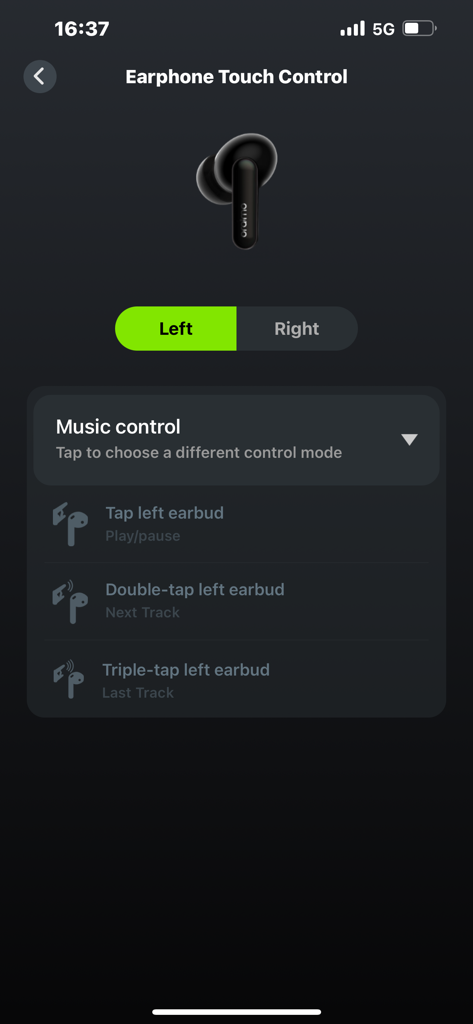 Interface for customizing earphone touch controls within the oraimo sound app
