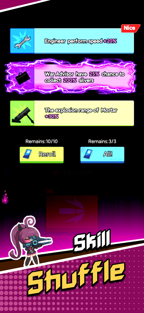 Survival Shelter - Survival Shelter game screen showing skill shuffle upgrade options for warriors and weapons