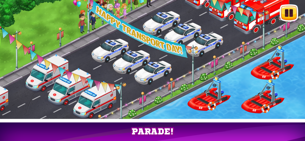 Una colorata parata di veicoli di emergenza, tra cui auto della polizia e ambulanze, in un gioco per bambini